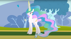 Size: 1680x932 | Tagged: safe, artist:forgalorga, princess celestia, alicorn, butterfly, pony, g4, concave belly, cute, cutelestia, outdoors, princess celestia loves to help, slender, smiling, solo, stopwatch, thin