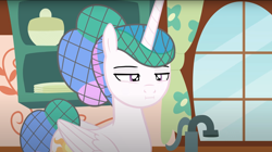 Size: 1674x936 | Tagged: safe, artist:forgalorga, princess celestia, alicorn, pony, g4, celestia is not amused, hairnet, indoors, princess celestia loves to help, solo, unamused, youtube link