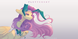 Size: 4000x2011 | Tagged: safe, artist:flightless birdie, fluttershy, pegasus, pony, g4, bowtie, bunny ears, female, gradient background, headband, mare, shirtless shirt collar, slender, solo, thin