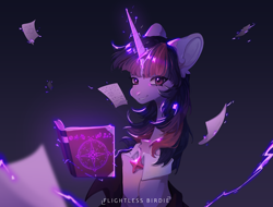 Size: 4258x3240 | Tagged: safe, artist:flightless birdie, twilight sparkle, pony, unicorn, g4, book, female, gradient background, looking at you, magic, mare, slender, smiling, smiling at you, solo, spellbook, telekinesis, thin, unicorn twilight