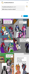 Size: 1187x3003 | Tagged: safe, artist:ask-luciavampire, oc, bat pony, cat, cat pony, demon, demon pony, earth pony, original species, pegasus, pony, unicorn, ask, crushing, horn, tumblr