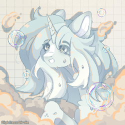 Size: 1400x1400 | Tagged: safe, artist:flightless birdie, oc, oc only, pony, unicorn, bubble, commission, digital art, eye clipping through hair, eyebrows, eyebrows visible through hair, female, horn, mare, pixel art, solo, ych result