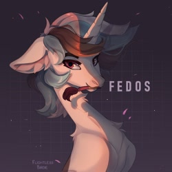 Size: 2000x2000 | Tagged: safe, artist:flightless birdie, oc, oc only, pony, unicorn, abstract background, bust, horn, mouth hold, paintbrush, slender, solo, thin