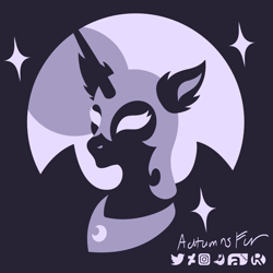 Size: 2101x2100 | Tagged: safe, artist:autumnsfur, nightmare moon, alicorn, pony, mlp fim's fourteenth anniversary, g4, cutie mark background, female, halloween, holiday, lineless, mare, minimalist, monochrome, moon, nightmare night, printable, pumpkin, pumpkin design, signature, solo, stars, white eyes