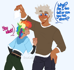 Size: 2130x2018 | Tagged: safe, artist:artistcoolpony, dumbbell, rainbow dash, human, g4, alternate hairstyle, ass, belt, blushing, butt, clothes, dark skin, denim, duo, duo male and female, ear piercing, earring, female, grin, gritted teeth, height difference, hoodie, humanized, jeans, jewelry, male, nose piercing, pants, paper, piercing, ship:dumbdash, shipping, shirt, short, simple background, smiling, straight, teeth, white background