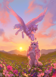 Size: 4028x5500 | Tagged: safe, artist:miurimau, oc, oc only, earth pony, pegasus, pony, backlighting, belly, concave belly, duo, earth pony oc, field, flower, flower in hair, flying, lighting, outdoors, pegasus oc, ribcage, slender, subsurface scattering, sunset, thin