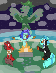 Size: 2407x3100 | Tagged: safe, artist:supahdonarudo, oc, oc only, oc:icebeak, oc:ironyoshi, oc:sea lilly, classical hippogriff, ghost, hippogriff, undead, unicorn, mlp fim's fourteenth anniversary, beach, camera, campfire, clothes, cup, ear piercing, fog, hat, holding, horn, jewelry, necklace, night, ocean, piercing, pirate, pirate hat, scared, shirt, sitting, water