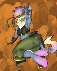 Size: 1080x1350 | Tagged: safe, artist:susfully_inspired, oc, oc only, oc:pasteldusk, kirin, anthro, croptop, dressuptober, dressuptober2024, gradient background, gradient hooves, gradient mane, kirin oc, pinup, pose, solo