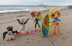 Size: 1107x722 | Tagged: safe, artist:dingopatagonico, applejack, fluttershy, bird, human, penguin, equestria girls, g4, argentina, photo, surf's up, surfboard