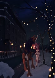 Size: 1748x2480 | Tagged: safe, artist:flightless birdie, oc, oc only, earth pony, pegasus, capelet, christmas, christmas lights, female, holiday, leonine tail, mare, outdoors, slender, snow, solo, sparkler (firework), tail, thin, tongue out