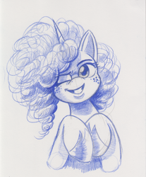 Size: 1200x1451 | Tagged: safe, artist:saturdaymorningproj, misty brightdawn, pony, unicorn, g5, bust, colored pencil drawing, female, grin, horn, mare, one eye closed, smiling, solo, traditional art, wink