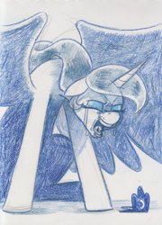 Size: 1200x1671 | Tagged: safe, artist:saturdaymorningproj, princess luna, alicorn, pony, g4, colored pencil drawing, crown, crying, female, floppy ears, jewelry, mare, open mouth, regalia, sad, sitting, solo, spread wings, traditional art, wings