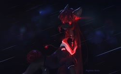 Size: 2560x1567 | Tagged: safe, artist:flightless birdie, oc, oc only, earth pony, pony, choker, clothes, ear piercing, earring, female, glowing, glowing eyes, hoodie, jewelry, mare, necklace, piercing, rain, slender, solo, thin