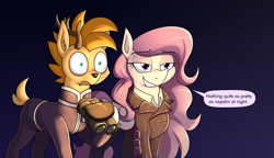 Size: 2638x1524 | Tagged: safe, artist:moonatik, oc, oc only, oc:iron glamour, oc:laurits rutger, deer, pegasus, pony, binoculars, clothes, deer oc, female, jacket, leather, leather jacket, mare, military uniform, napalm, night, non-pony oc, pegasus oc, shirt, speech bubble, uniform, varying degrees of want