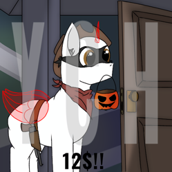 Size: 1052x1058 | Tagged: safe, artist:thomas.senko, oc, oc only, alicorn, earth pony, pegasus, pony, unicorn, bandana, brown eyes, clothes, commission, costume, cowboy, cowboy hat, female, gun, halloween, halloween costume, handgun, happy, hat, holiday, horn, light skin, male, mare, nightmare night, pumpkin bucket, revolver, solo, stallion