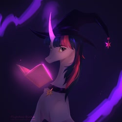 Size: 2160x2160 | Tagged: safe, artist:flightless birdie, twilight sparkle, pony, unicorn, g4, book, curved horn, female, hat, horn, magic, mare, slender, solo, telekinesis, thin, unicorn twilight, witch hat