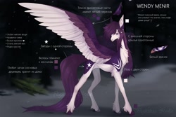 Size: 2560x1707 | Tagged: safe, artist:flightless birdie, oc, oc only, oc:wendy menir, pegasus, pony, chest fluff, colored wings, colored wingtips, concave belly, cyrillic, female, hairclip, jewelry, mare, reference sheet, slender, solo, spread wings, thin, tongue out, unshorn fetlocks, wings