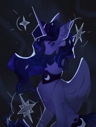 Size: 1417x1889 | Tagged: safe, artist:flightless birdie, princess luna, alicorn, pony, g4, abstract background, concave belly, eyes closed, female, mare, missing accessory, peytral, slender, solo, stars, thin