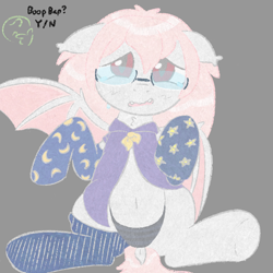 Size: 1020x1020 | Tagged: safe, artist:castafae, oc, oc only, oc:anon, oc:midnight oil, bat pony, pony, bat pony oc, belly, belly button, blush scribble, blushing, cardigan, chest fluff, clothes, crying, dialogue, dock, dork, ear fluff, fangs, floppy ears, glasses, gray background, lying down, mismatched socks, neet, nervous, on back, panties, ribbon, simple background, socks, solo, spread wings, striped panties, striped underwear, tail, underwear, wings