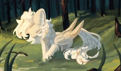 Size: 2560x1490 | Tagged: safe, artist:flightless birdie, oc, oc only, pegasus, pony, ear fluff, eyes closed, female, forest, lying down, mare, nature, outdoors, prone, solo, tree