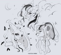 Size: 2401x2160 | Tagged: safe, artist:flightless birdie, oc, oc only, pony, black and white, clothes, ear fluff, ear piercing, earring, female, furry, grayscale, hoodie, jewelry, mare, monochrome, piercing, sketch, trio