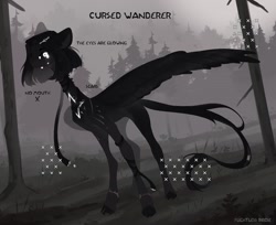 Size: 1461x1191 | Tagged: safe, artist:flightless birdie, oc, oc only, oc:cursed wanderer, pegasus, pony, adoptable, black sclera, concave belly, crying, female, forest, glowing, glowing eyes, mare, nature, no mouth, outdoors, scar, solo, spread wings, thin, tree, wings