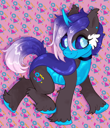 Size: 600x698 | Tagged: safe, artist:lastunicorn666, oc, oc only, oc:retro daydreams, changepony, hybrid, patterned background, purple sclera, solo