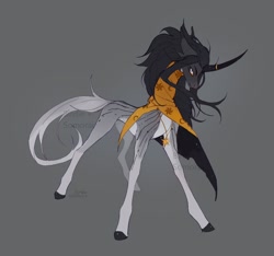 Size: 1962x1836 | Tagged: safe, artist:flightless birdie, artist:somorai, oc, oc only, pony, unicorn, adoptable, cape, clothes, concave belly, curved horn, gray background, horn, horn ring, jewelry, necklace, ring, simple background, slender, solo, thin