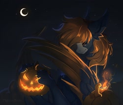 Size: 2560x2166 | Tagged: safe, artist:flightless birdie, oc, oc only, pegasus, pony, chest fluff, ear fluff, halloween, holiday, jack-o-lantern, moon, paws, pumpkin, solo