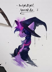 Size: 1861x2560 | Tagged: safe, artist:flightless birdie, twilight sparkle, pony, g4, cape, clothes, female, hat, magic, mare, slender, solo, thin, tongue out, witch costume, witch hat