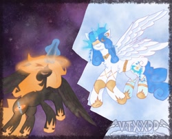 Size: 1280x1034 | Tagged: safe, artist:vtxxdd, oc, oc only, oc:breezing supernovae, oc:gargantua, alicorn, black hole pony, pony, accretion disk, alicorn oc, armor, black hole, blindfold, crying, evil smile, flying, glowing, glowing horn, halo, horn, horn blade, open mouth, ponified, sharp teeth, smiling, solo, space, spread wings, teeth, wings