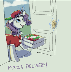 Size: 549x561 | Tagged: safe, artist:stiletto, rarity, pony, unicorn, g4, clothes, delivery, dialogue, door, female, food, hat, horn, magic, mare, open door, pizza, pizza box, pizza delivery, smiling, smiling at someone, solo, talking, text, uniform, working