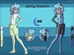 Size: 2733x2050 | Tagged: safe, artist:devillustart, oc, oc:spring showers(fireverse), human, equestria girls, g4, alternate universe, clothes, fireheart76's latex suit design, gloves, humanized, humanized oc, latex, latex boots, latex gloves, latex suit, prisoners of the moon, reference sheet, rubber, rubber gloves, rubber suit