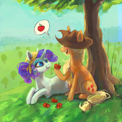 Size: 2048x2048 | Tagged: safe, artist:baccizoof, applejack, rarity, earth pony, pony, unicorn, g4, apple, apple tree, bandana, bucktooth, duo, duo female, female, food, horn, lesbian, lying down, mare, outdoors, prone, ship:rarijack, shipping, sitting, tree