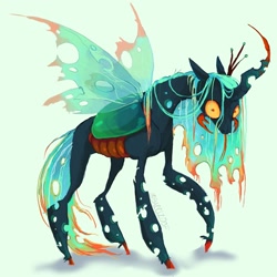 Size: 2048x2048 | Tagged: safe, artist:baccizoof, queen chrysalis, changeling, changeling queen, pony, g4, alternate design, curved horn, female, horn, mandibles, simple background, solo, spread wings, wings