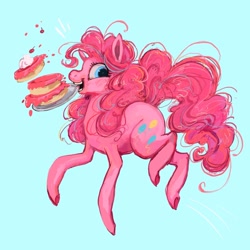 Size: 2048x2048 | Tagged: safe, artist:baccizoof, pinkie pie, earth pony, pony, g4, blue background, cake, female, food, jumping, mare, mouth hold, simple background, solo