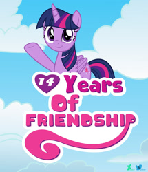 Size: 1280x1486 | Tagged: safe, artist:kuren247, twilight sparkle, alicorn, pony, mlp fim's fourteenth anniversary, g4, cloud, female, logo parody, looking at you, mare, outdoors, sky background, smiling, solo, text, twilight sparkle (alicorn), waving