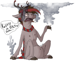 Size: 2208x1791 | Tagged: safe, artist:baccizoof, oc, oc only, deer, cigarette, clothes, cloven hooves, ear piercing, earring, hoof hold, jewelry, male, nipples, nudity, piercing, scarf, simple background, sitting, smoke, smoking, transparent background, unshorn fetlocks