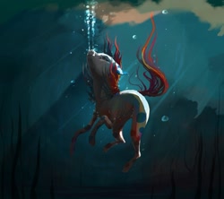 Size: 2250x2000 | Tagged: safe, artist:baccizoof, oc, oc only, oc:bubblebum, earth pony, pony, bubble, crepuscular rays, digital art, female, flowing mane, flowing tail, looking up, mare, ocean, seaweed, sinking, solo, sunlight, swimming, tail, underwater, water