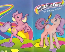 Size: 1280x1024 | Tagged: safe, morning glory (g2), sundance (g2), earth pony, pony, g2, official, back cover, coloring book, cover, cover art, female, g2 logo, mare, my little pony logo, paintbrush, prehensile tail, rainbow, rearing, smiling, tail, tail hold, unshorn fetlocks