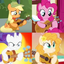 Size: 1280x1280 | Tagged: safe, edit, edited screencap, screencap, applejack, pear butter, pinkie pie, rarity, earth pony, pony, unicorn, g4, honest apple, my little pony: friendship is magic, the mane attraction, the perfect pear, bipedal, female, filly, foal, guitar, horn, mare, musical instrument, younger