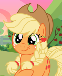 Size: 1080x1317 | Tagged: safe, alternate version, artist:cstrawberrymilk, applejack, earth pony, pony, g4, alternate tailstyle, apple, apple orchard, apple tree, applejack's hat, base used, blushing, braid, braided pigtails, braided tail, cowboy hat, cute, cutie mark accessory, cutie mark earrings, daaaaaaaaaaaw, ear piercing, earring, eyelashes, female, freckles, grass, hair tie, hat, jackabetes, jewelry, orchard, outdoors, piercing, pigtails, raised hoof, screencap background, show accurate, smiling, solo, stetson, sweet apple acres, tail, tied mane, tied tail, tree