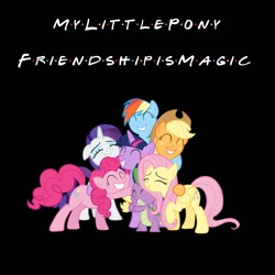 Size: 1280x1280 | Tagged: safe, artist:mlpfan3991, applejack, fluttershy, pinkie pie, rainbow dash, rarity, spike, twilight sparkle, alicorn, dragon, earth pony, pegasus, pony, unicorn, g4, black background, f.r.i.e.n.d.s, female, horn, hug, male, mane seven, mane six, simple background, twilight sparkle (alicorn), wingless spike