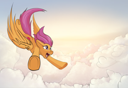 Size: 1500x1036 | Tagged: safe, artist:irschy, scootaloo, pegasus, pony, g4, cloud, female, flying, mare, older, older scootaloo, open mouth, open smile, outdoors, scootaloo can fly, sky, smiling, solo, trace