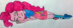 Size: 948x363 | Tagged: safe, artist:greenhood-station, pinkie pie, equestria girls, g4, boots, clothes, high heel boots, jacket, knocked out, shirt, shoes, skirt, solo, traditional art, vest