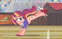 Size: 936x590 | Tagged: safe, ai assisted, ai content, edit, edited screencap, screencap, oc, oc only, oc:golden delicious trophy, earth pony, bandaid, bandaid on nose, buckball, buckball field, buckball uniform, ear fluff, earth pony oc, magical lesbian spawn, markings, offspring, parent:applejack, parent:rarity, parents:rarijack, screencap background, solo, unshorn fetlocks