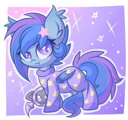 Size: 2338x2192 | Tagged: safe, artist:starlightlore, oc, oc only, oc:astral flare, bat pony, pony, bat pony oc, clothes, ear tufts, foal, folded wings, footed sleeper, footie pajamas, gradient background, looking at you, onesie, pajamas, passepartout, solo, wings