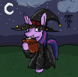 Size: 596x584 | Tagged: safe, artist:damset, twilight sparkle, ambiguous race, pony, mlp fim's fourteenth anniversary, g4, book, clothes, cloud, digital art, female, horn, moon, ms paint, night, nightmare night, outdoors, pixel art, solo, stars, witch