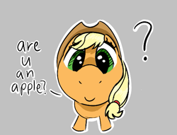 Size: 555x424 | Tagged: safe, artist:starbounce, applejack, earth pony, pony, g4, close-up, gray background, question mark, simple background, snoofa, snoot, solo