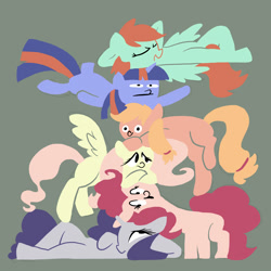 Size: 1500x1500 | Tagged: safe, artist:docwario, applejack, fluttershy, pinkie pie, rainbow dash, rarity, twilight sparkle, earth pony, pegasus, pony, unicorn, g4, female, gray background, limited palette, mane six, mare, simple background, stack, unicorn twilight